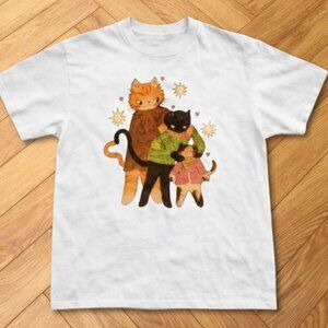 White Cute Cat Family Hug Graphic T-Shirt Romantic Animal Illustration Tee